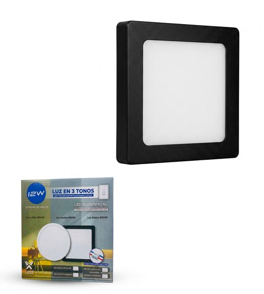 Panel LED 12W Superficial Cuadrado Negro (3 Tonos)